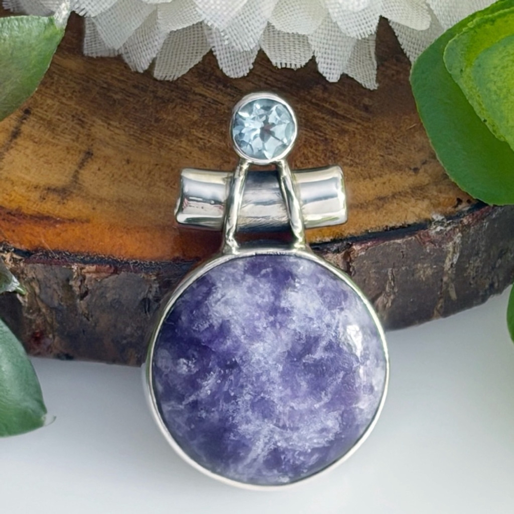 Sterling Silver 925 Blue Topaz and Purple Lepidolite Gemstone Pendant New